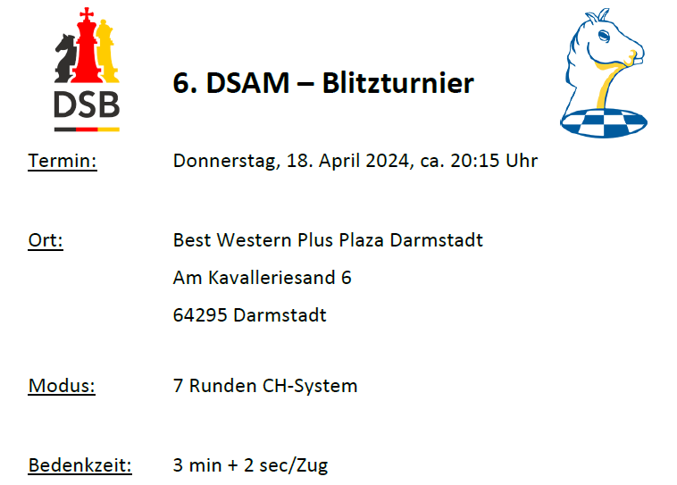 Ausschreibung 6. DSAM-Blitzturnier am 18. April 2024 in Darmstadt